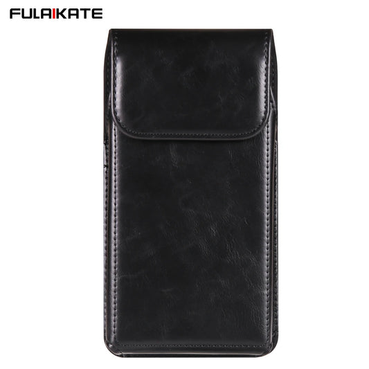 FULAIKATE 6.1"-7.2" Men's Leather Waist Phone Bag – High-Grade Crazy Horse Vertical Pouch for iPhone 14 Pro Max & Samsung Note23