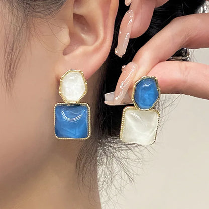 Purple & White Geometric Resin Dangle Earrings – Trendy Asymmetric Drop Jewelry for Women