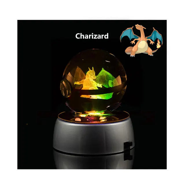Anime Pokemon 3D Crystal Ball – Snorlax & Charizard Engraved Pokeball Figure with LED Light Base, Kids Gift