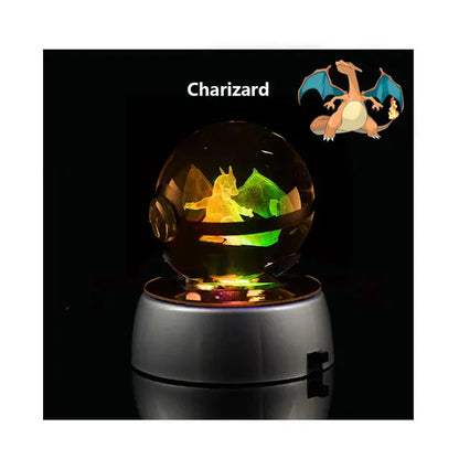 Anime Pokemon 3D Crystal Ball – Snorlax & Charizard Engraved Pokeball Figure with LED Light Base, Kids Gift