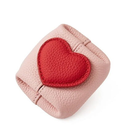 Casual Solid Color Cowhide Coin Purse – Love Heart Square Multi-Function Small Bag for Coins, Earphones & Gifts