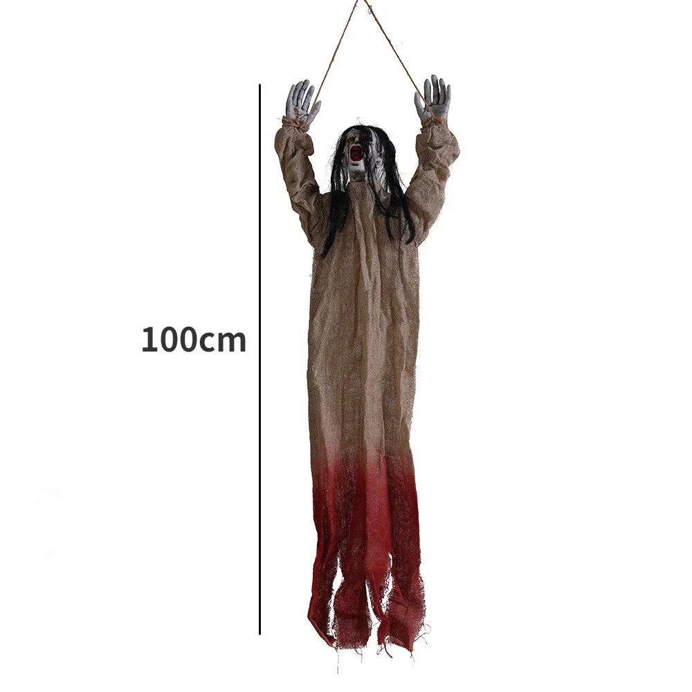 Halloween Hanging Ghost Decoration — Movable Skeleton Horror Prop with Long Hair for Haunted House and Bar 2025