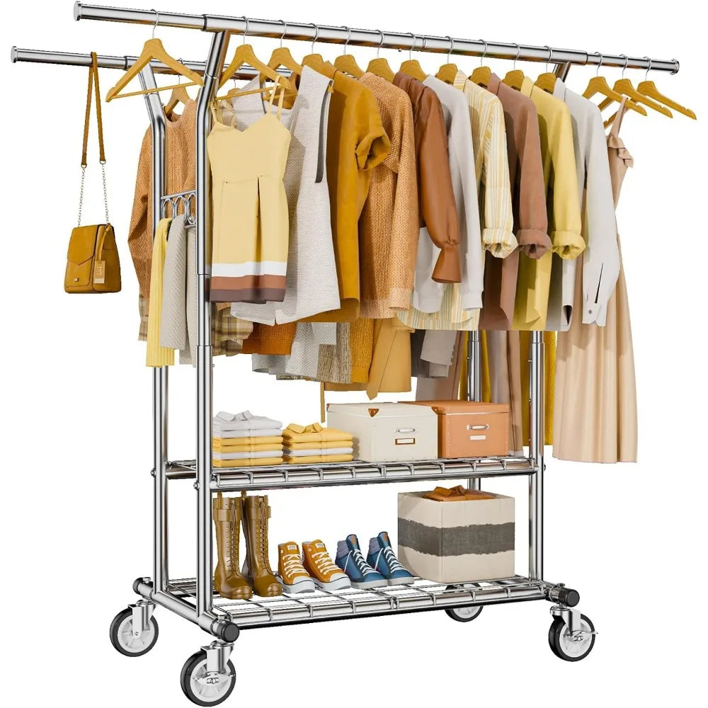 Rolling Double Rod Clothing Rack with Shelves – Heavy Duty Coat Rack for Hanging Clothes, 620LBS Load Capacity