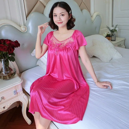 Midnite Star Women’s Ice Silk Sleepwear Set – V-Neck Lace Nightdress Pyjamas, Homewear Nightgown, Plus Size