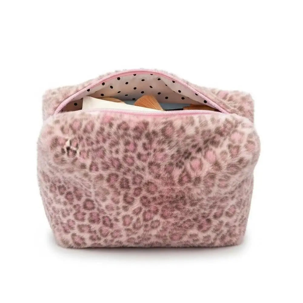 Large Leopard Print Makeup Bag - Fuzzy Portable Cosmetic & Toiletry Organizer with Large Capacity for Travel & Storage
