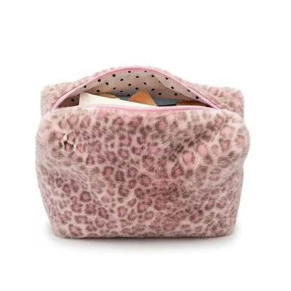 Large Leopard Print Makeup Bag - Fuzzy Portable Cosmetic & Toiletry Organizer with Large Capacity for Travel & Storage