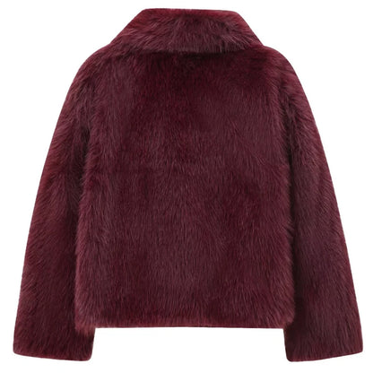 HXAO Women's Fur Coat – 2024 Plush Burgundy Bomber Jacket, Solid Crop Long Sleeve Warm Winter Casual Coat