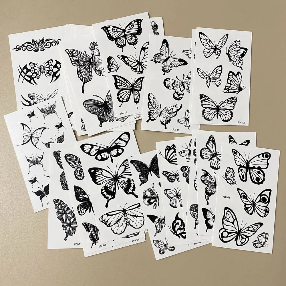 30pcs Black Temporary Tattoo Stickers - Flower Butterfly Rose Moon Star Mandala Designs for Hand, Chest & Body Art