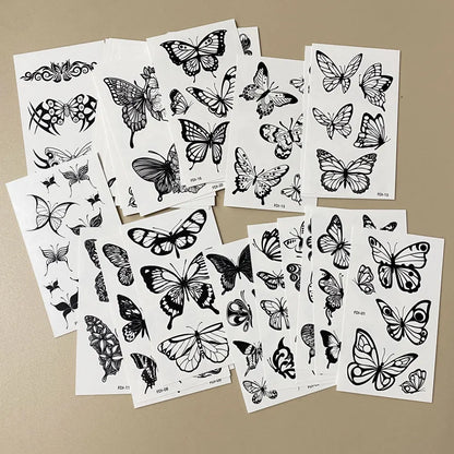 30pcs Black Temporary Tattoo Stickers - Flower Butterfly Rose Moon Star Mandala Designs for Hand, Chest & Body Art