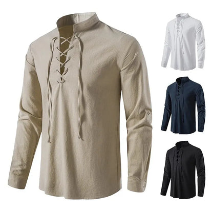 Men’s Cotton Linen Long Sleeve Shirt - Vintage Casual Drawstring Neck Shirt for Spring & Autumn