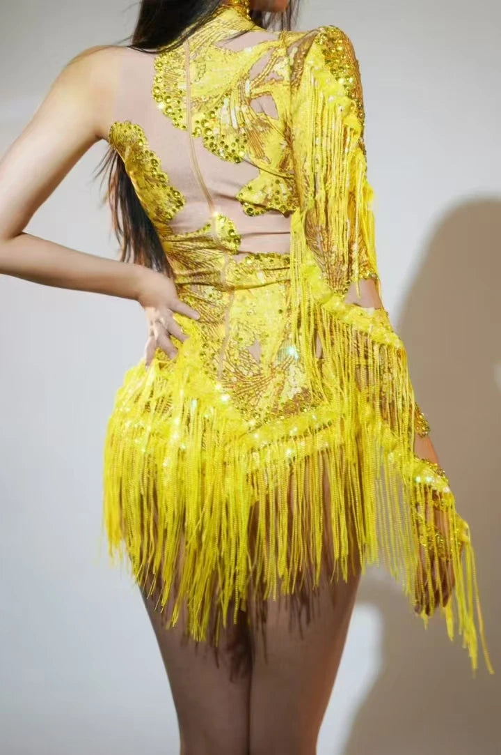 Sexy Blue Rhinestone Skinny Leotard – One-Shoulder Fringe Dance Costume for Singers & Dancers