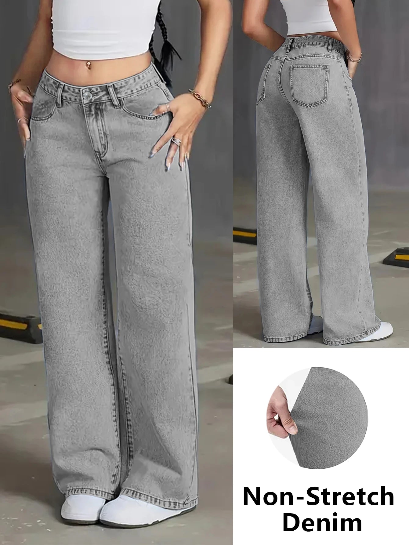 Women’s Autumn High-Waisted Wide-Leg Jeans – Light Grey Washed Loose-Fit Casual Denim Pants