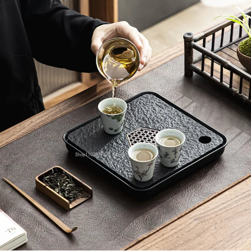 Mimicking Ugjin Stone Tea Tray – Heat-Resistant & Insulated Water Drain Tray for Tea Ceremony Storage