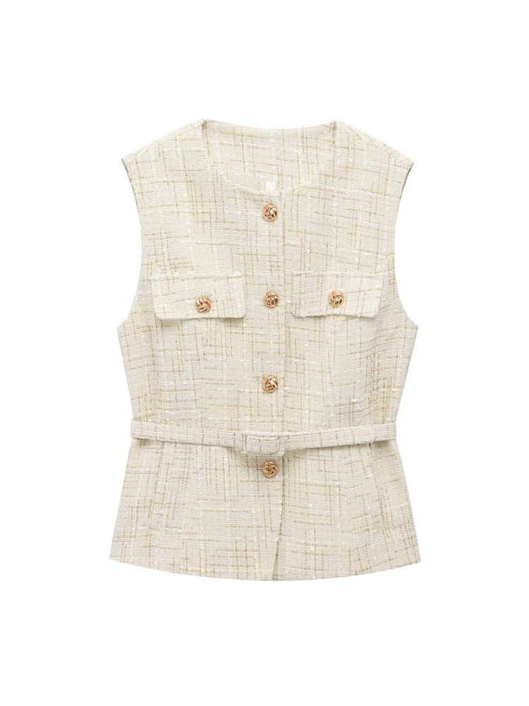 TRZA Women’s Tweed Waistcoat — Sleeveless O-Neck Top with Belt & Front Buttons, Chic Fashion Outerwear