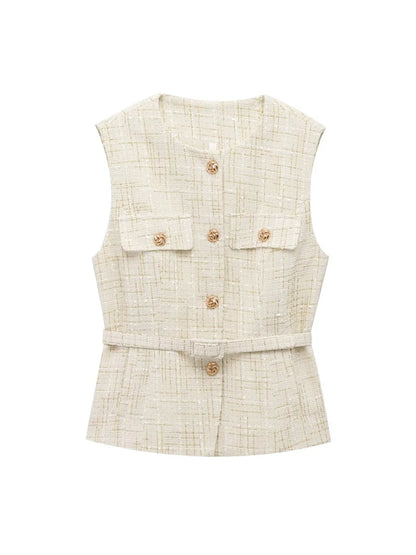 TRZA Women’s Tweed Waistcoat — Sleeveless O-Neck Top with Belt & Front Buttons, Chic Fashion Outerwear