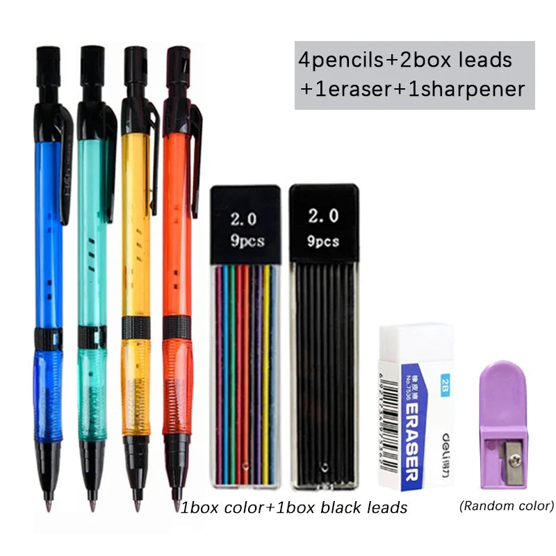 2.0mm Mechanical Pencil Set with 2B Black & Color Lead Refills – Automatic Drawing, Sketching & Writing Pencils for School & Art