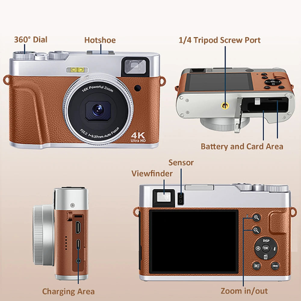 4K Digital Camera – 48MP Auto Focus Vlogging Camera for YouTube, Anti-Shake, Viewfinder, Flash & Dial (Brown)