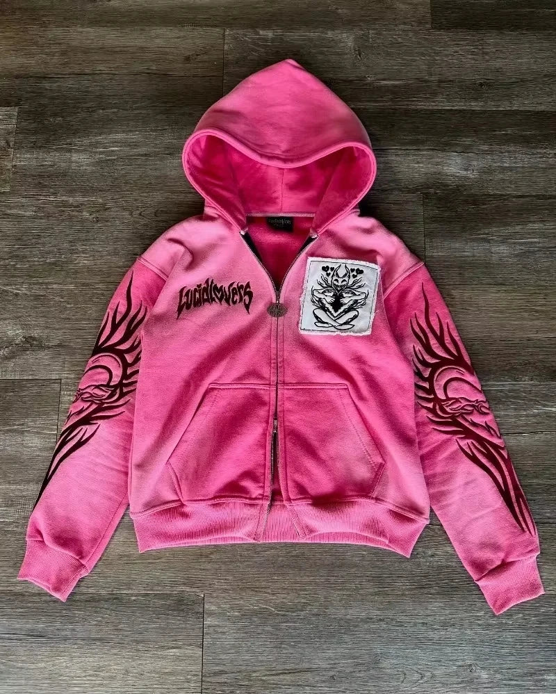 Y2K Harajuku Skull Embroidered Padded Coat - Vintage Hip Hop Faux Fur Collar Casual Couple Jacket