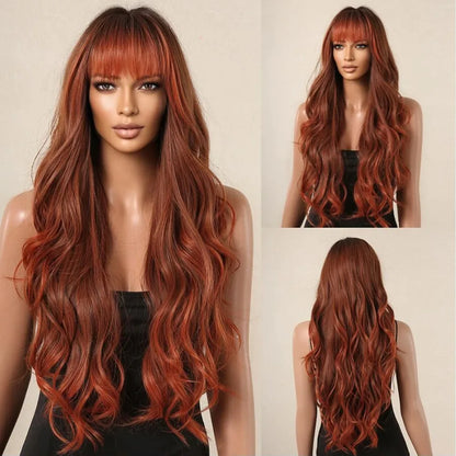 Ombre Honey Brown Long Synthetic Wig with Bangs — Wavy, Realistic, Soft, Heat-Resistant Hair for Daily & Party