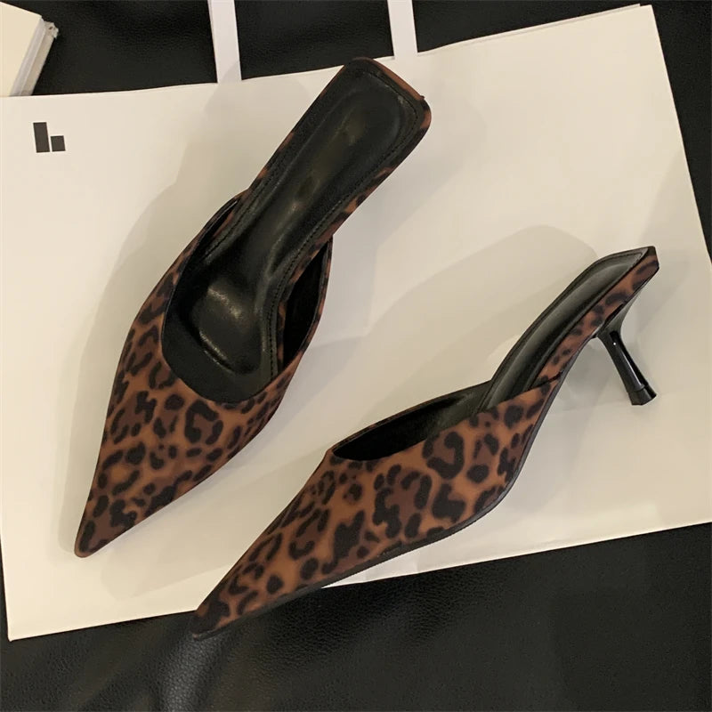 Eilyken 2025 Leopard Print Women’s Slippers — Pointed Toe Low Heel Sandal Mules for Ladies
