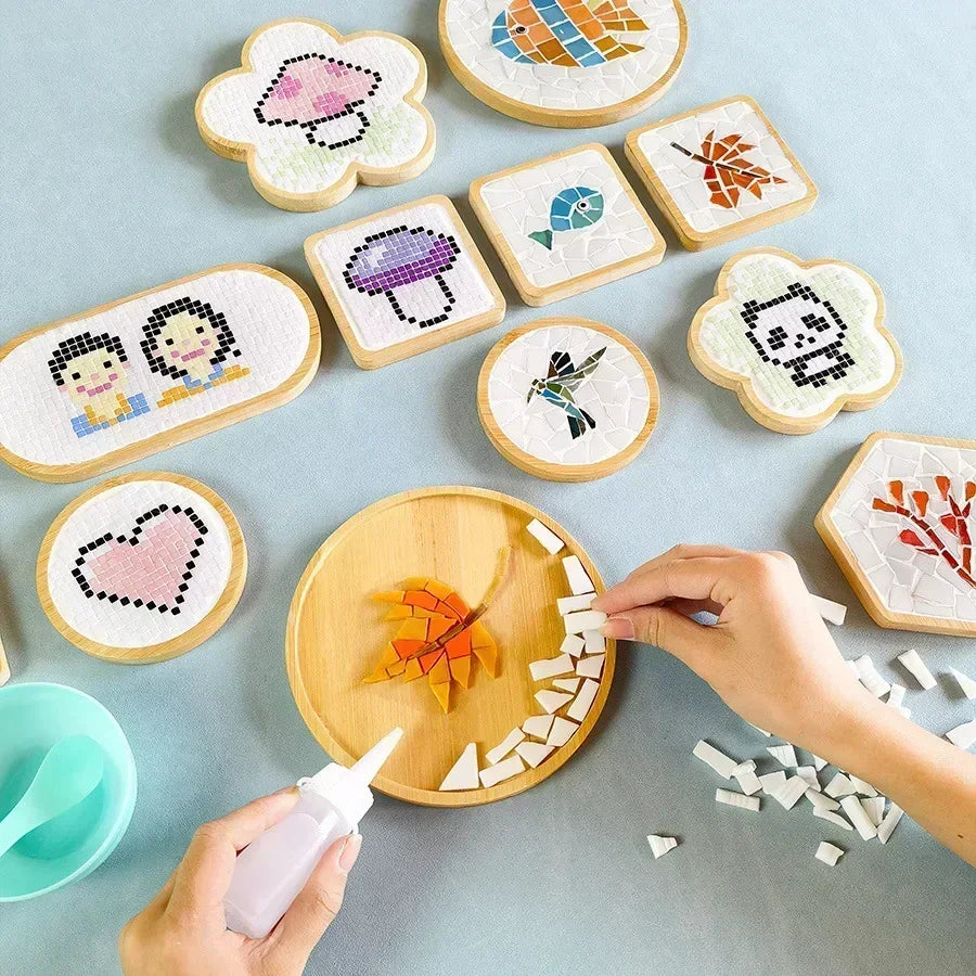 DIY Handmade Mosaic Coaster Set – Bamboo Heart & Square Cup Mats, Creative Parent-Child Educational Craft Toy Kit for Free Design Activities