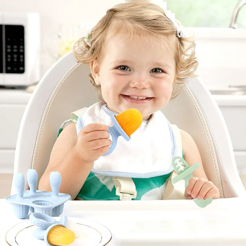 4/6 Cavity Baby Teething Ice Cream Mold – Silicone Freezing Milk Popsicle Stick Maker for DIY Homemade Summer Treats & Kitchen Use