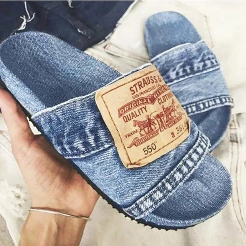 2024 Fashion Denim Slippers for Women - Non-slip, Comfortable Flat Slides, Outdoor Beach Casual Summer Shoes