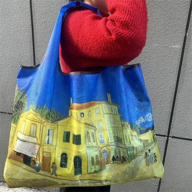 Flower Oil Painting Foldable Reusable Shopping Bag – Large Capacity Portable Shoulder Tote for Travel, Grocery & Beach Storage Handbag