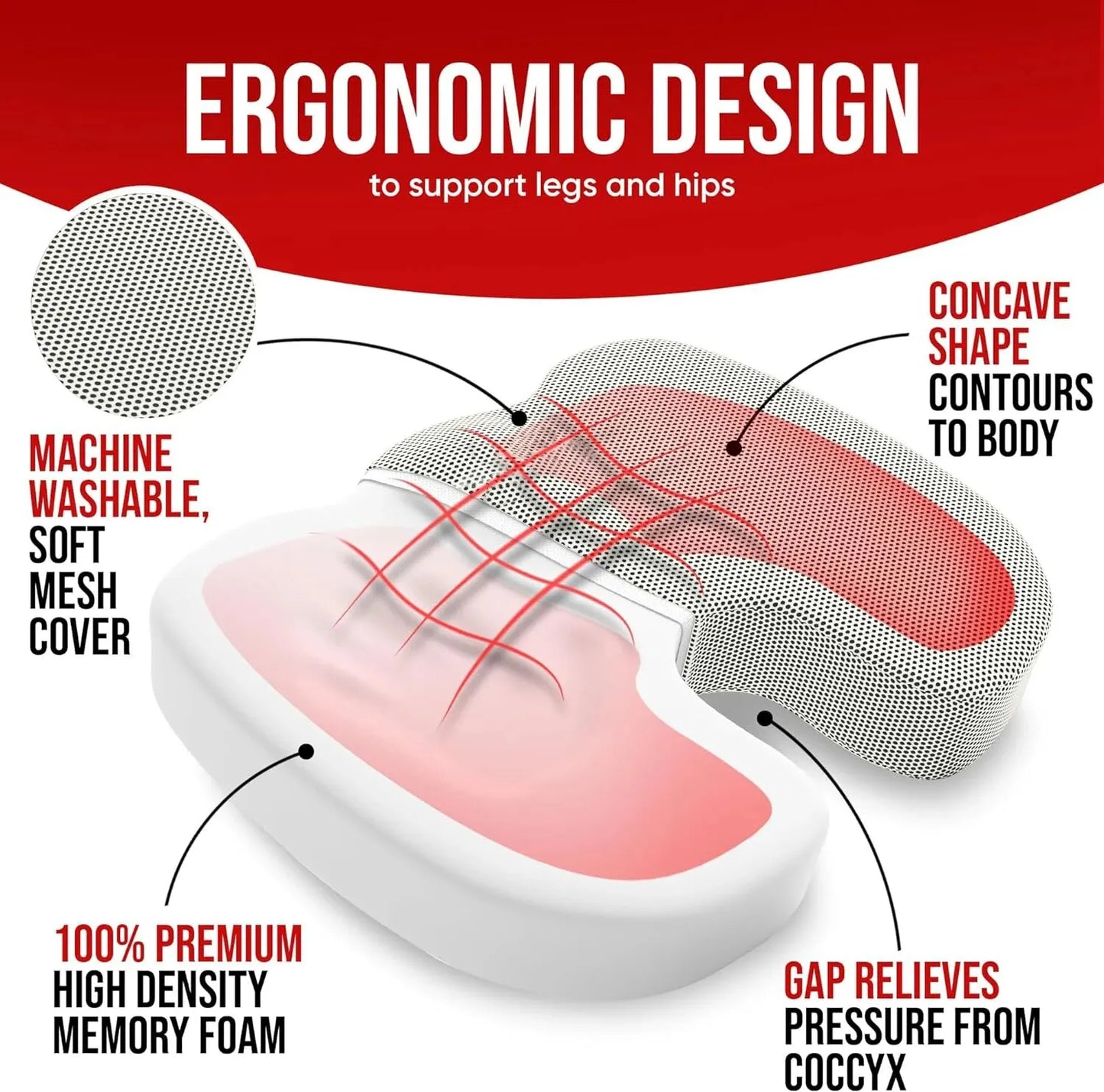 Ergonomic Memory Foam Seat Cushion – Hemorrhoid Relief Office Chair Cushion for Long Sitting Comfort (Students & Office Use)