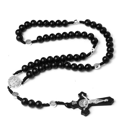 Catholic Wooden Beaded Rosary Necklace – INRI Crucifix Cross Pendant Long Chain Christian Prayer Jewelry for Men & Women
