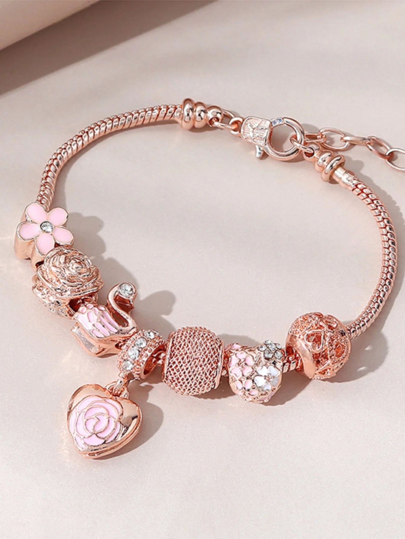 Fashion Multi-Element Rose Love Swan Family Bracelet – Daily Jewelry Accessory for Parties & Gifts