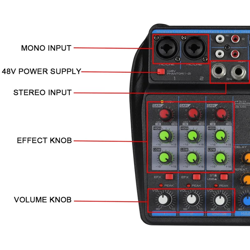 4-Channel DJ Mixer Console with Bluetooth – USB Audio Mixer, 48V Phantom Power, Karaoke Monitor System