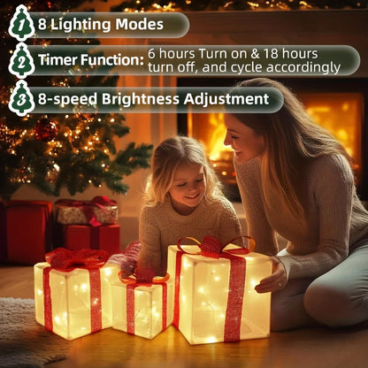 3-Piece LED Christmas Gift Box Set - Holiday Lighting Display for Christmas & Thanksgiving (3 AA Batteries Required)