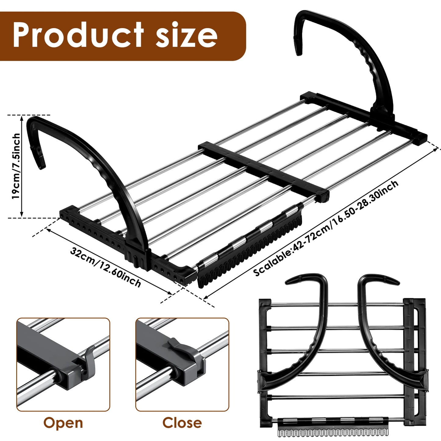 Foldable Radiator Drying Rack - Extendable Stainless Steel Clothes Hanger 42-72cm for Shoes, Towels & Balcony Drying