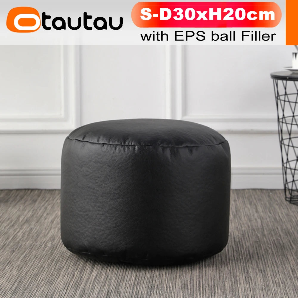OTAUTAU Small Round Faux Leather Ottoman Stool – Beanbag Pouf Footstool, Floor Seat & Footrest JD004