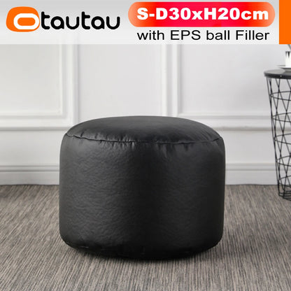 OTAUTAU Small Round Faux Leather Ottoman Stool – Beanbag Pouf Footstool, Floor Seat & Footrest JD004