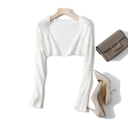 Women’s Long Sleeve Crop Cardigan – Open Front Knit Shrug Sweater Jacket Plain Summer Fairycore Teen Girl Outfit Top