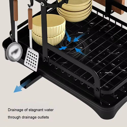 2 Tier Dish Drying Rack with Drain Basket - Kitchen Countertop Dinnerware Organizer | Dish & Bowl Drainer Storage Rack with Drainboard