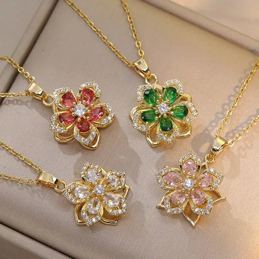 Light Luxury Gold Zircon Flower Pendant Necklace for Women – Elegant Spin Design High-End Party Jewelry Gift Chain Necklace