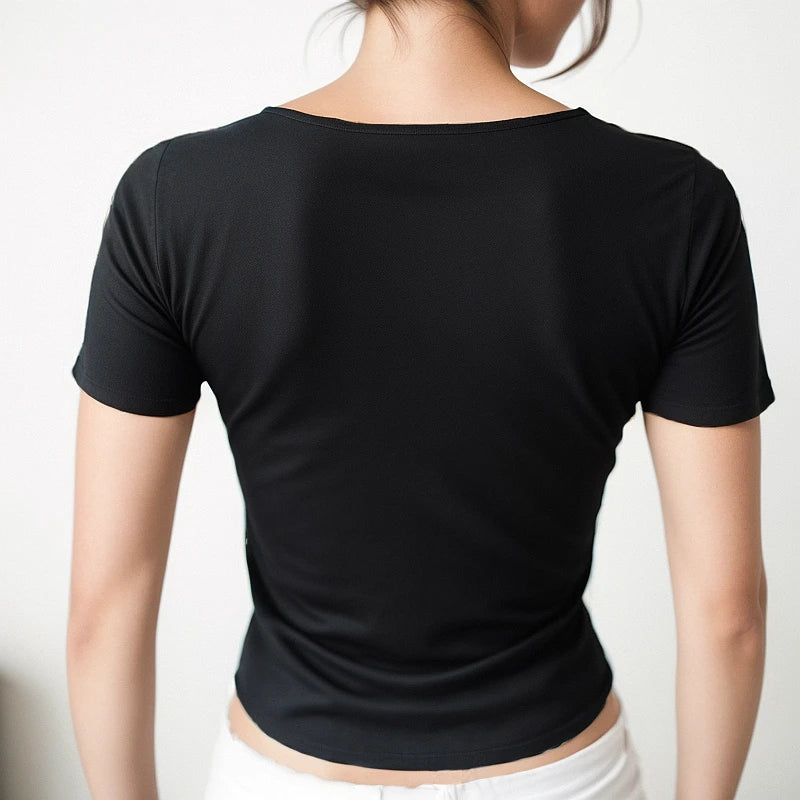 Women’s Short Sleeve Summer T-Shirt – Slim Fit Solid Color Square Neck Elastic Y2K Streetwear Fashion Tee Top QX33