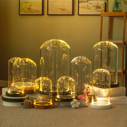 Glass Dome with Wooden Base & LED Light – Terrarium Vase, Flower Holder, Landscape Container for Bedroom Decor & Birthday Gifts