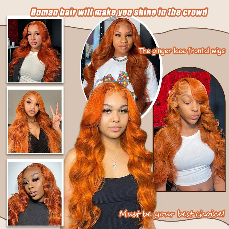 Ginger Orange Lace Front Wig – 13x6 Body Wave Human Hair Wig, #350 Colored, Pre-Plucked, 200% Density