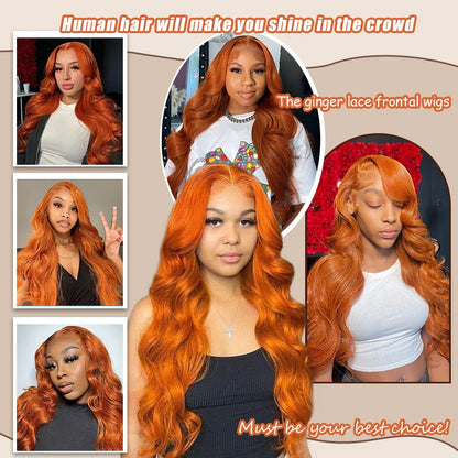 Ginger Orange Lace Front Wig – 13x6 Body Wave Human Hair Wig, #350 Colored, Pre-Plucked, 200% Density