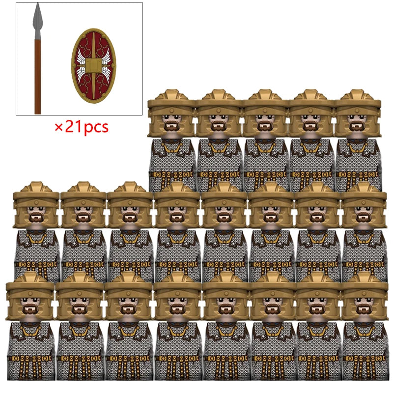 21PCS MOC Medieval Knights & Roman Legion Soldiers Building Blocks Set Warrior Figures with Weapons Helmet Bricks Toy Collection
