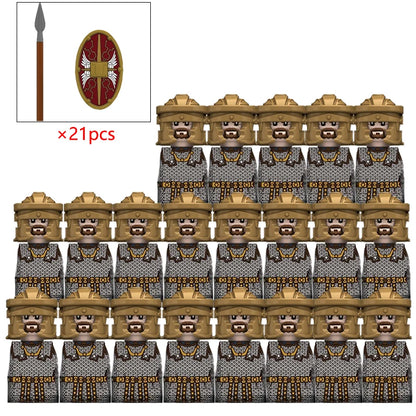 21PCS MOC Medieval Knights & Roman Legion Soldiers Building Blocks Set Warrior Figures with Weapons Helmet Bricks Toy Collection