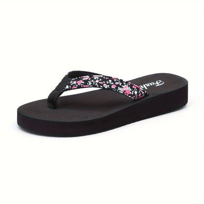 Women’s Floral Platform Flip Flops - Lightweight Non-Slip Open-Toe Beach Slippers