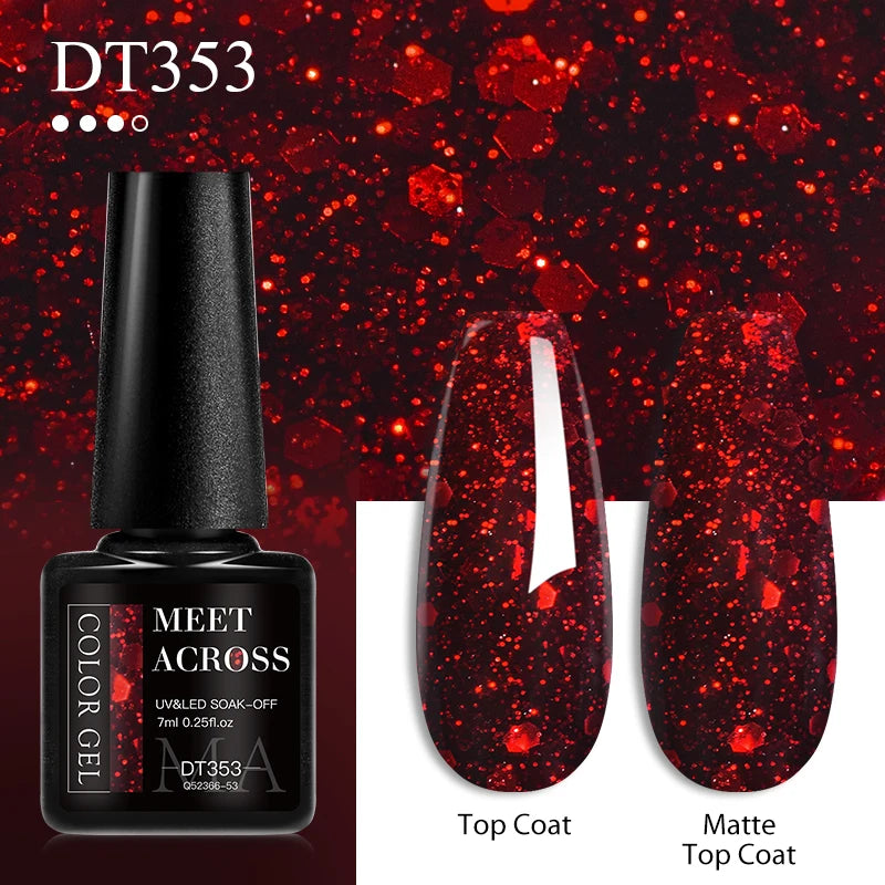 MEET ACROSS 7ml Red Gel Nail Polish – Crystal Semi-Permanent Soak-Off UV Gel, Matte Top Coat and Base Varnish for Nail Art Manicure