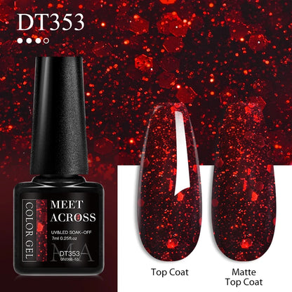 MEET ACROSS 7ml Red Gel Nail Polish – Crystal Semi-Permanent Soak-Off UV Gel, Matte Top Coat and Base Varnish for Nail Art Manicure