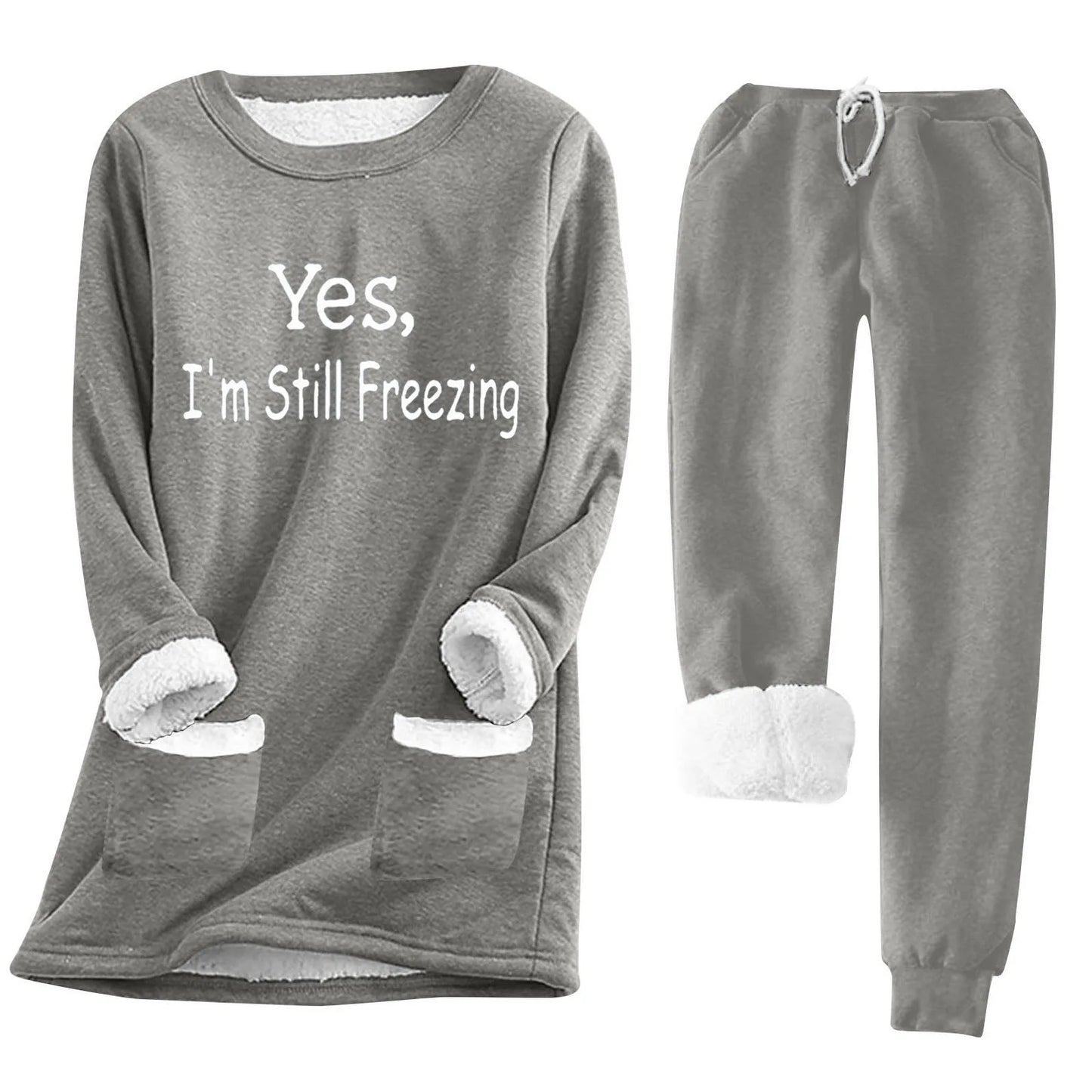 Women's Autumn Winter Fleece Pajama Set - Long Sleeve Sweatshirt & Drawstring Waist Pocket Pants