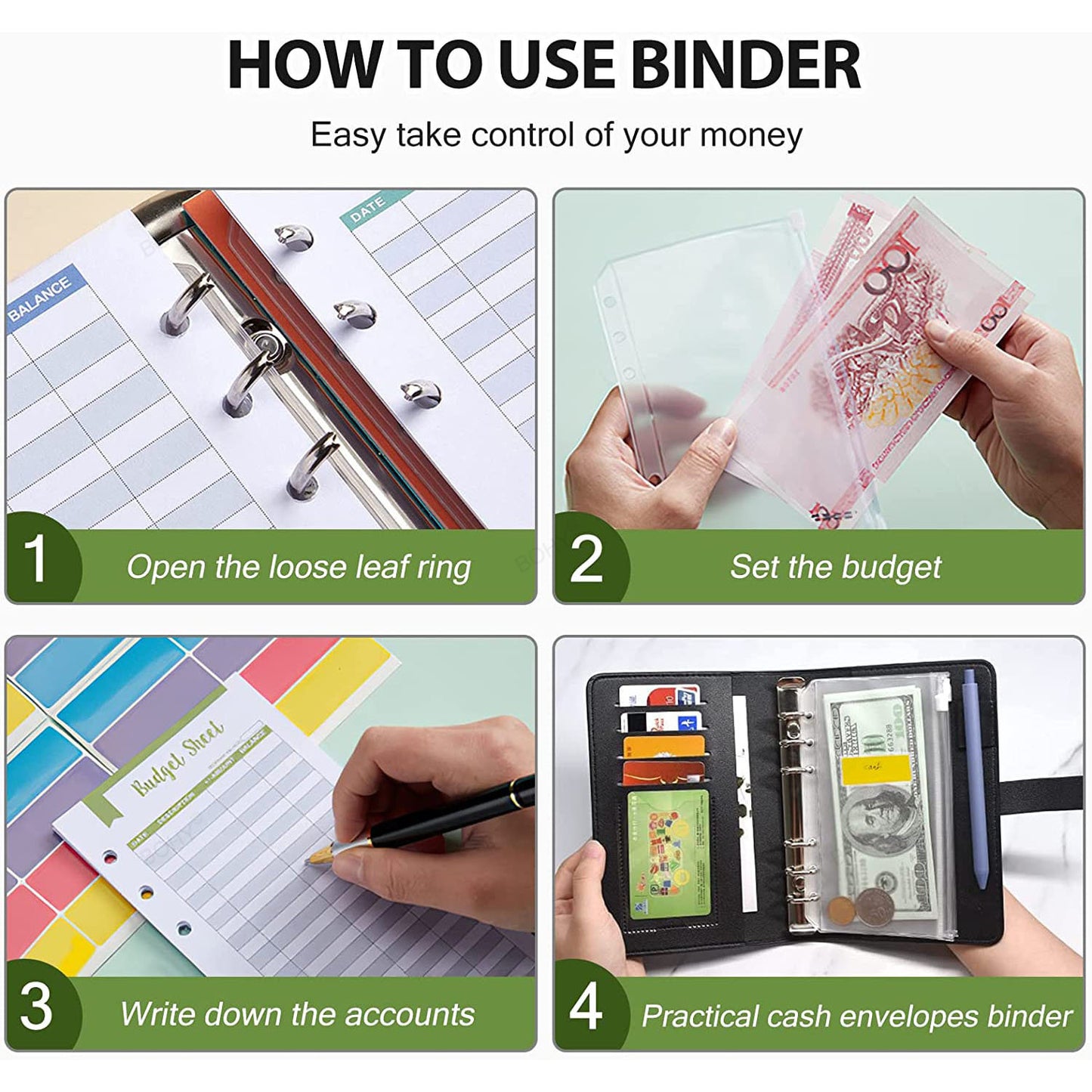 A6 PU Leather Budget Binder Set – Cash Envelopes System, Pockets, Money Organizer, Bill Saving Accessories